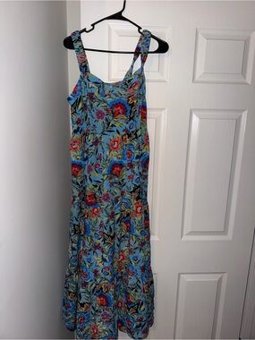 Terra & Sky Blue Floral Maxi Dress with Red & Green Details